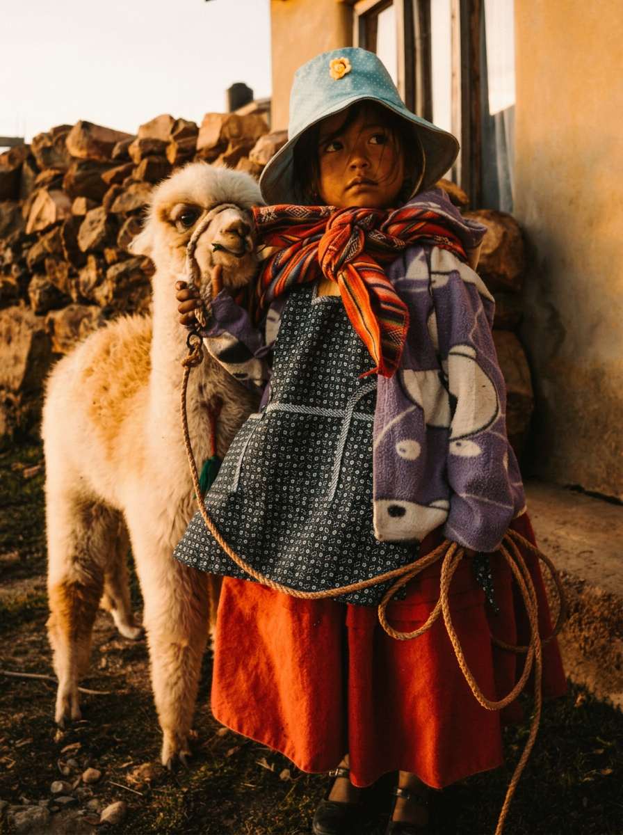 Une fillette des Andes et son alpaga au coucher du soleil, Pérou