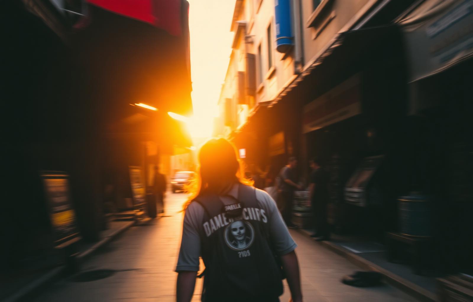 Voyageur dans une ruelle au coucher de soleil